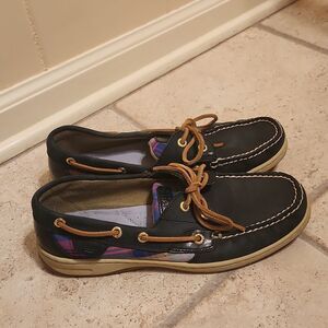 Sperry Women's Top Sider Dark Blue Leather & Plaid Slip-on Shoes Size 9